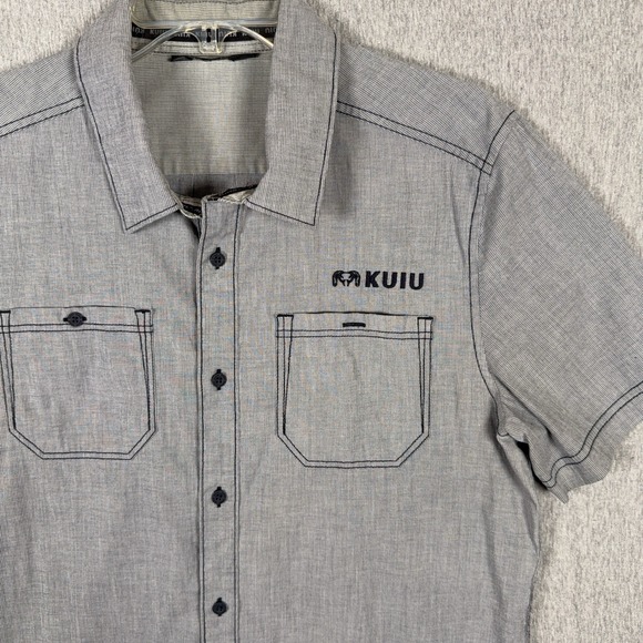 KUIU Shirt Basin Short Sleeve Button Up Blue Mens Medium Heathered Steel Camp - Picture 4 of 14